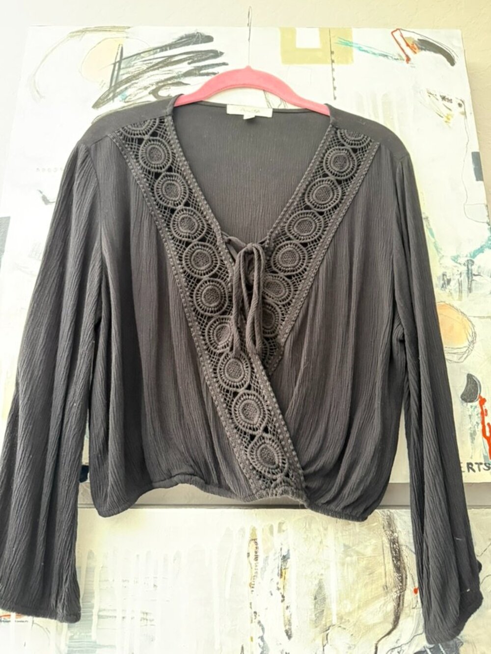 Rayon mock wrap blouse with lace